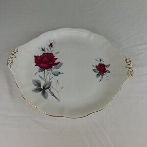 Royal Albert Sweet Romance Handled Cake Plate Bone China Red Rose Gold Rim 10.25